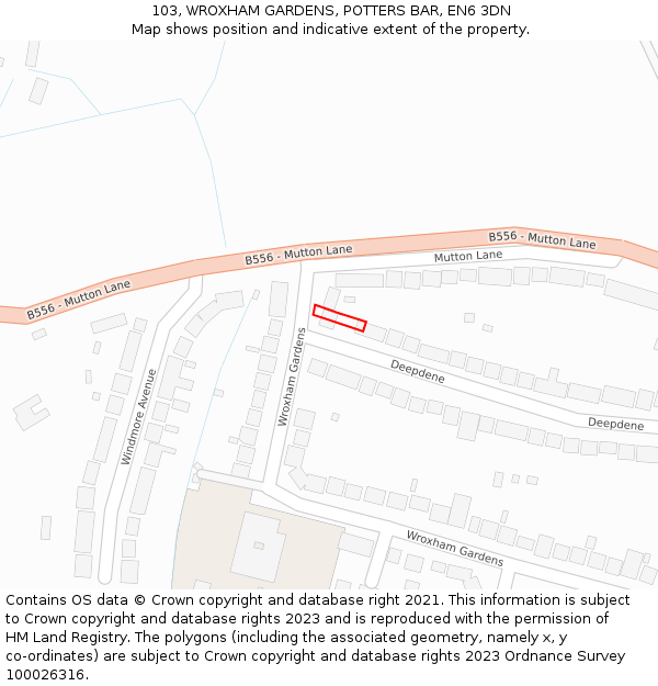 103, WROXHAM GARDENS, POTTERS BAR, EN6 3DN: Location map and indicative extent of plot