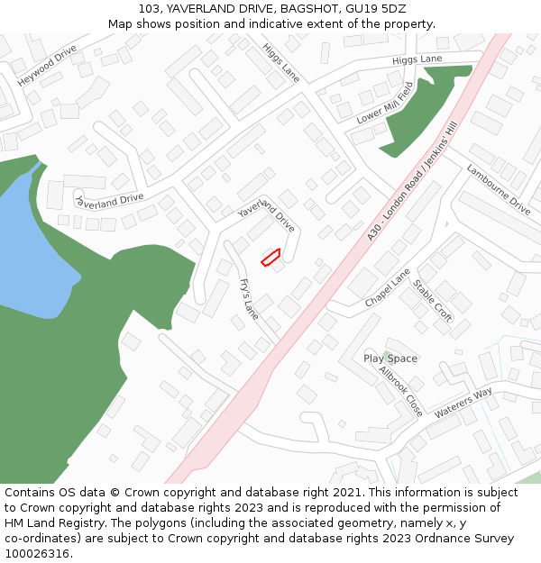 103, YAVERLAND DRIVE, BAGSHOT, GU19 5DZ: Location map and indicative extent of plot