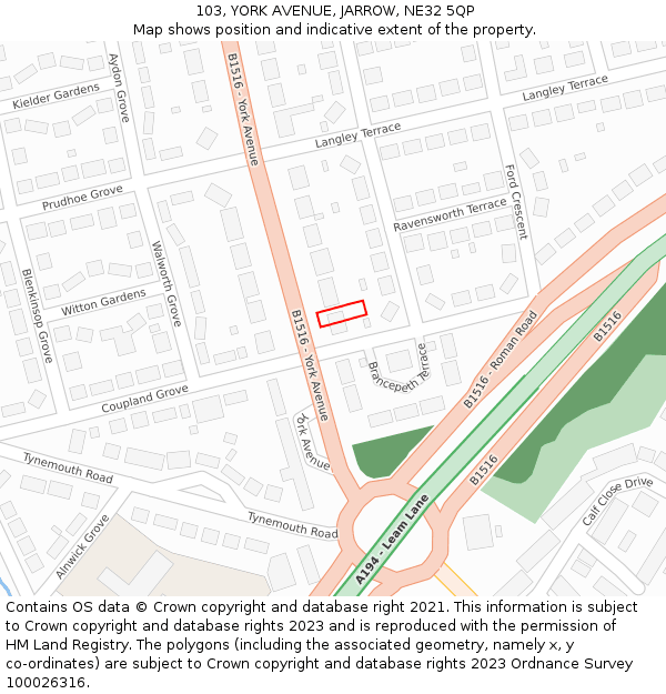 103, YORK AVENUE, JARROW, NE32 5QP: Location map and indicative extent of plot