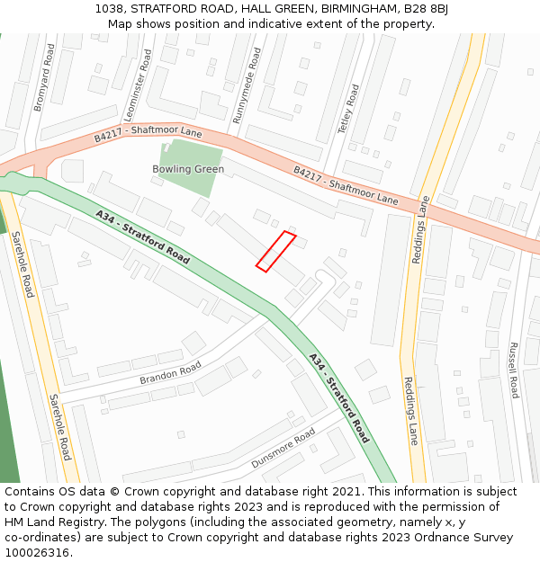 1038, STRATFORD ROAD, HALL GREEN, BIRMINGHAM, B28 8BJ: Location map and indicative extent of plot