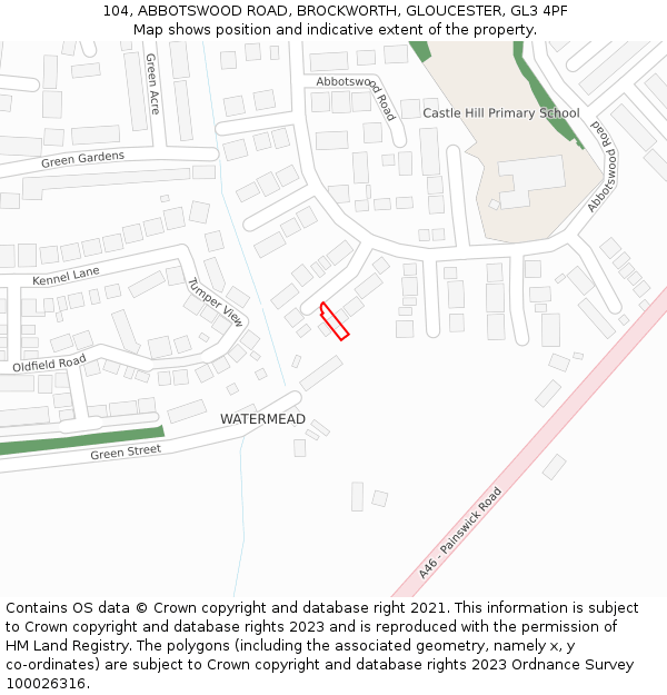 104, ABBOTSWOOD ROAD, BROCKWORTH, GLOUCESTER, GL3 4PF: Location map and indicative extent of plot