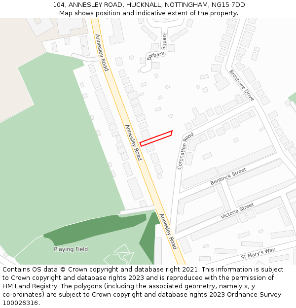 104, ANNESLEY ROAD, HUCKNALL, NOTTINGHAM, NG15 7DD: Location map and indicative extent of plot