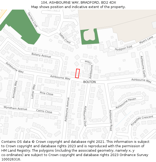 104, ASHBOURNE WAY, BRADFORD, BD2 4DX: Location map and indicative extent of plot