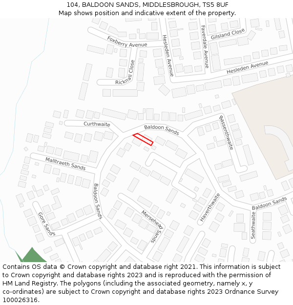 104, BALDOON SANDS, MIDDLESBROUGH, TS5 8UF: Location map and indicative extent of plot