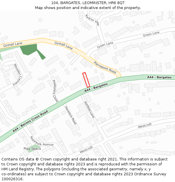 104, BARGATES, LEOMINSTER, HR6 8QT: Location map and indicative extent of plot