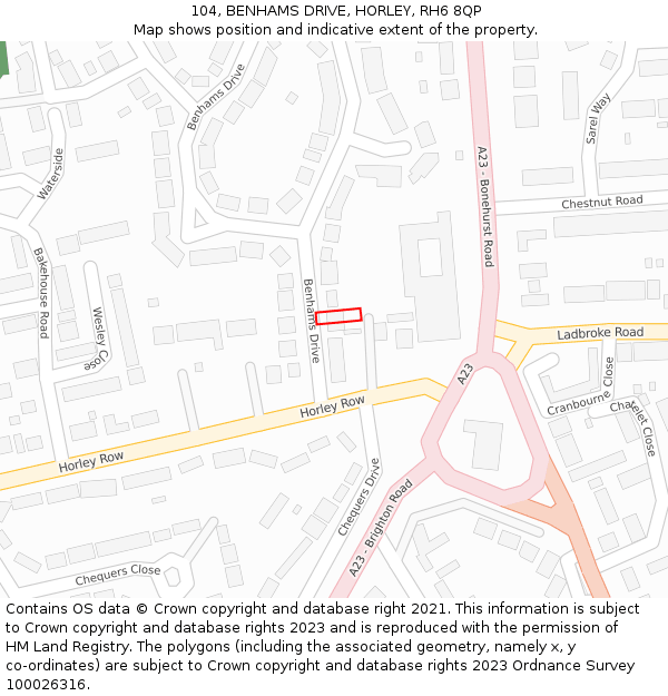 104, BENHAMS DRIVE, HORLEY, RH6 8QP: Location map and indicative extent of plot