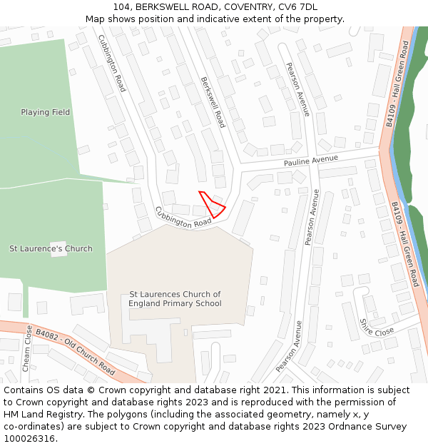 104, BERKSWELL ROAD, COVENTRY, CV6 7DL: Location map and indicative extent of plot