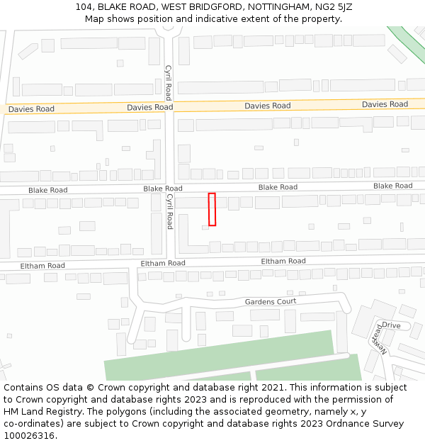 104, BLAKE ROAD, WEST BRIDGFORD, NOTTINGHAM, NG2 5JZ: Location map and indicative extent of plot