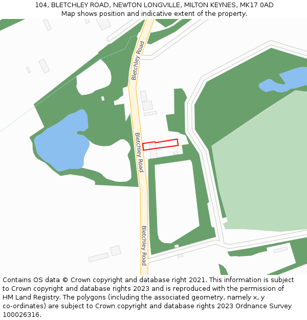 104, BLETCHLEY ROAD, NEWTON LONGVILLE, MILTON KEYNES, MK17 0AD: Location map and indicative extent of plot