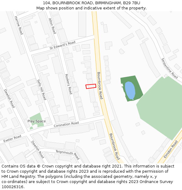 104, BOURNBROOK ROAD, BIRMINGHAM, B29 7BU: Location map and indicative extent of plot