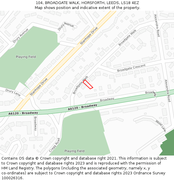 104, BROADGATE WALK, HORSFORTH, LEEDS, LS18 4EZ: Location map and indicative extent of plot