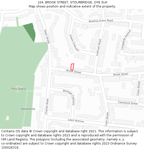 104, BROOK STREET, STOURBRIDGE, DY8 3UX: Location map and indicative extent of plot