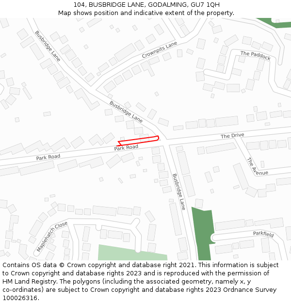 104, BUSBRIDGE LANE, GODALMING, GU7 1QH: Location map and indicative extent of plot