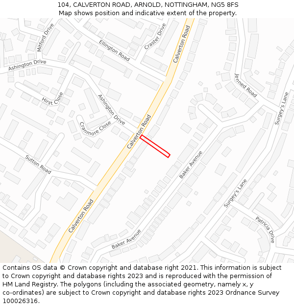 104, CALVERTON ROAD, ARNOLD, NOTTINGHAM, NG5 8FS: Location map and indicative extent of plot