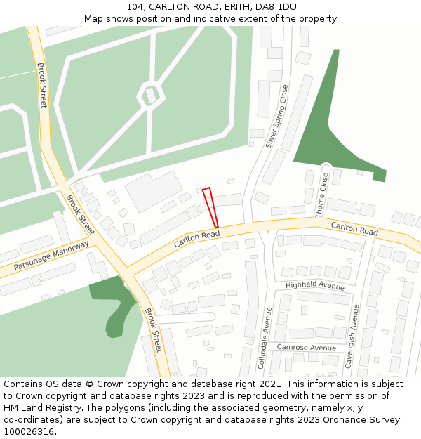 104, CARLTON ROAD, ERITH, DA8 1DU: Location map and indicative extent of plot