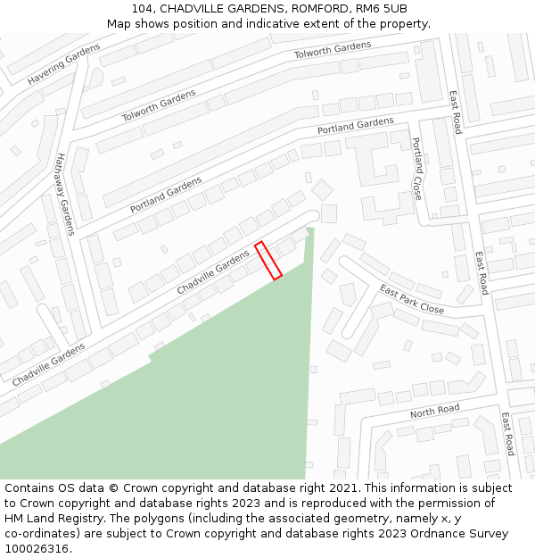 104, CHADVILLE GARDENS, ROMFORD, RM6 5UB: Location map and indicative extent of plot