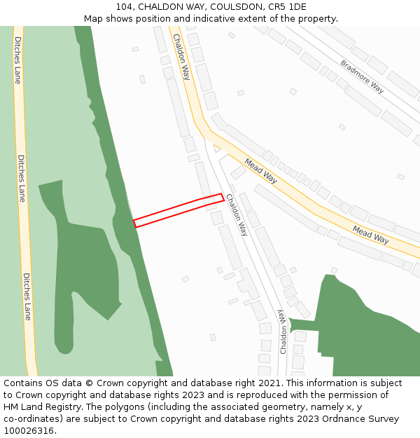 104, CHALDON WAY, COULSDON, CR5 1DE: Location map and indicative extent of plot