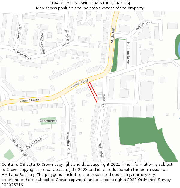 104, CHALLIS LANE, BRAINTREE, CM7 1AJ: Location map and indicative extent of plot