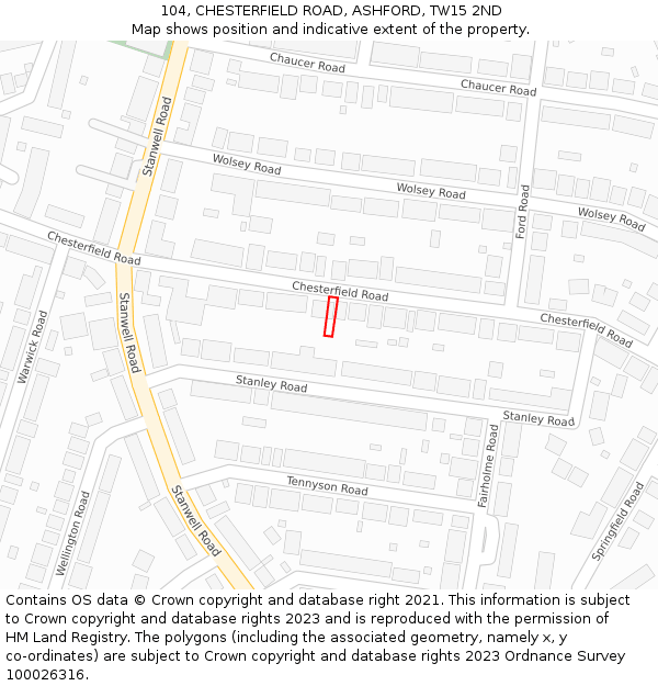 104, CHESTERFIELD ROAD, ASHFORD, TW15 2ND: Location map and indicative extent of plot