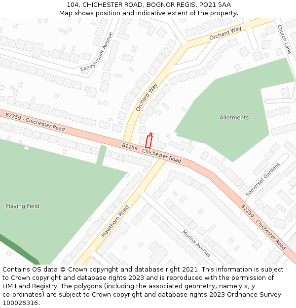 104, CHICHESTER ROAD, BOGNOR REGIS, PO21 5AA: Location map and indicative extent of plot