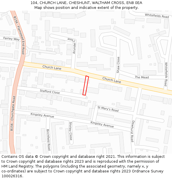 104, CHURCH LANE, CHESHUNT, WALTHAM CROSS, EN8 0EA: Location map and indicative extent of plot