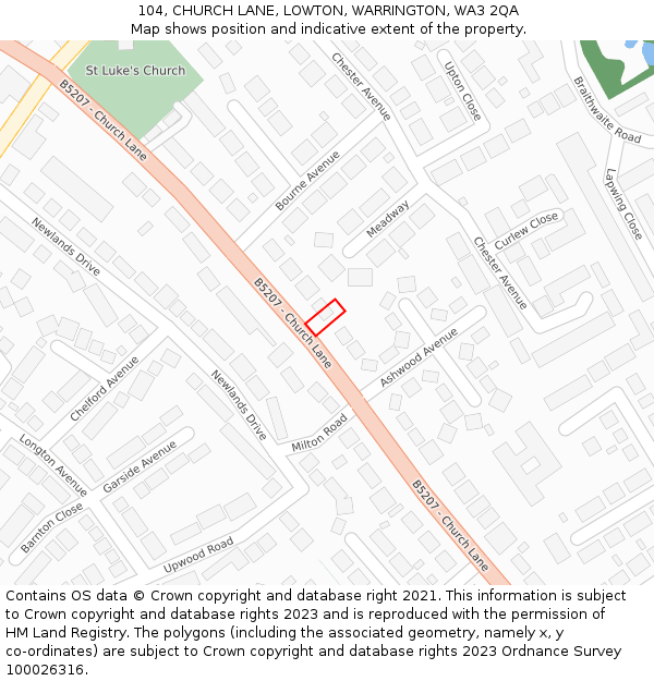 104, CHURCH LANE, LOWTON, WARRINGTON, WA3 2QA: Location map and indicative extent of plot