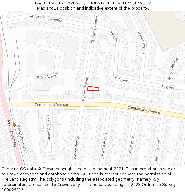 104, CLEVELEYS AVENUE, THORNTON-CLEVELEYS, FY5 2DZ: Location map and indicative extent of plot