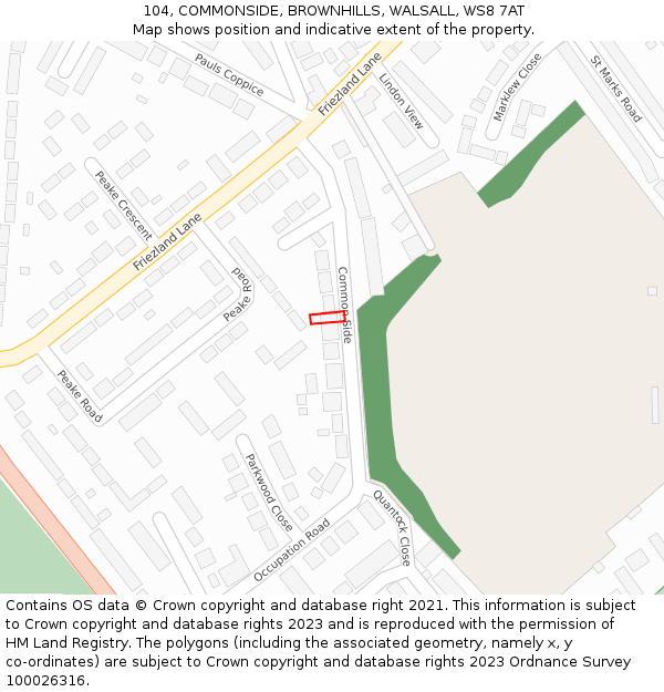 104, COMMONSIDE, BROWNHILLS, WALSALL, WS8 7AT: Location map and indicative extent of plot