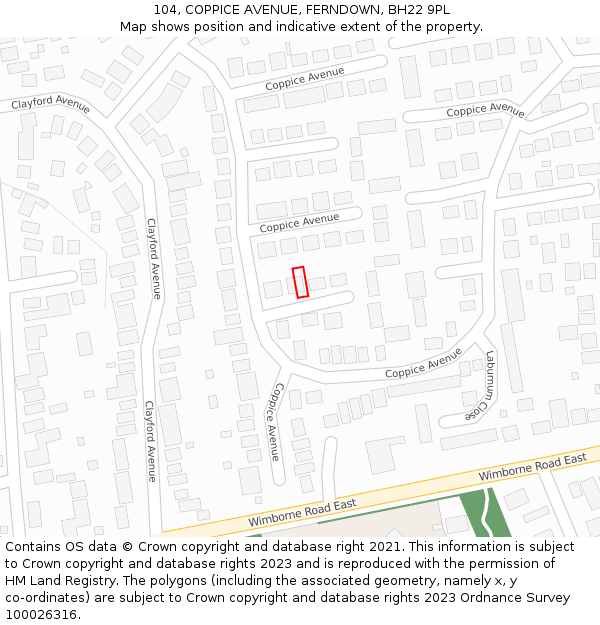 104, COPPICE AVENUE, FERNDOWN, BH22 9PL: Location map and indicative extent of plot