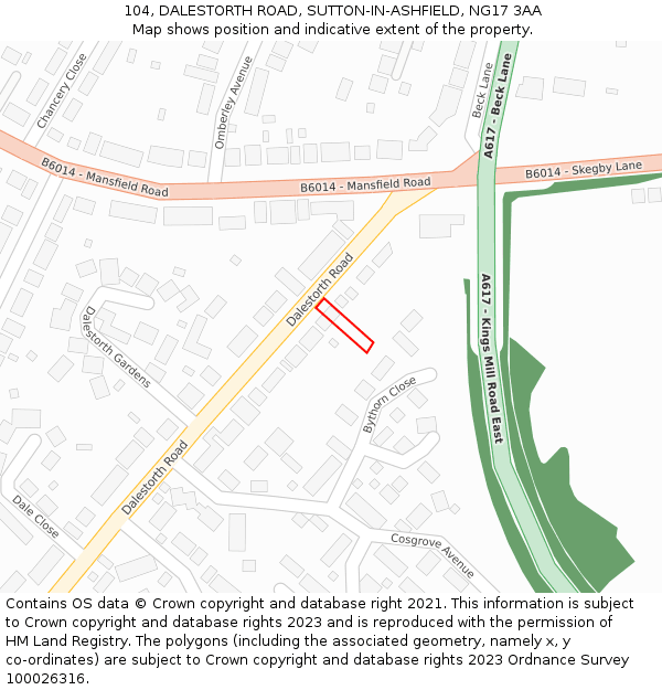 104, DALESTORTH ROAD, SUTTON-IN-ASHFIELD, NG17 3AA: Location map and indicative extent of plot