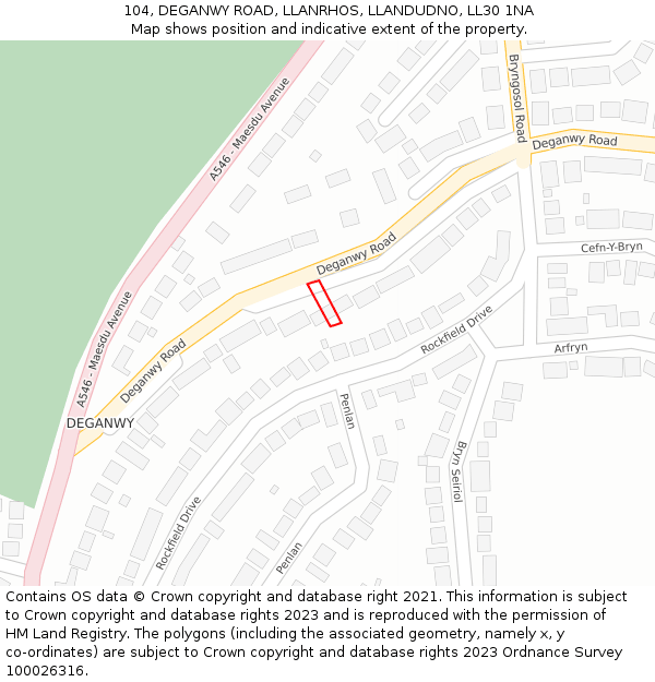 104, DEGANWY ROAD, LLANRHOS, LLANDUDNO, LL30 1NA: Location map and indicative extent of plot