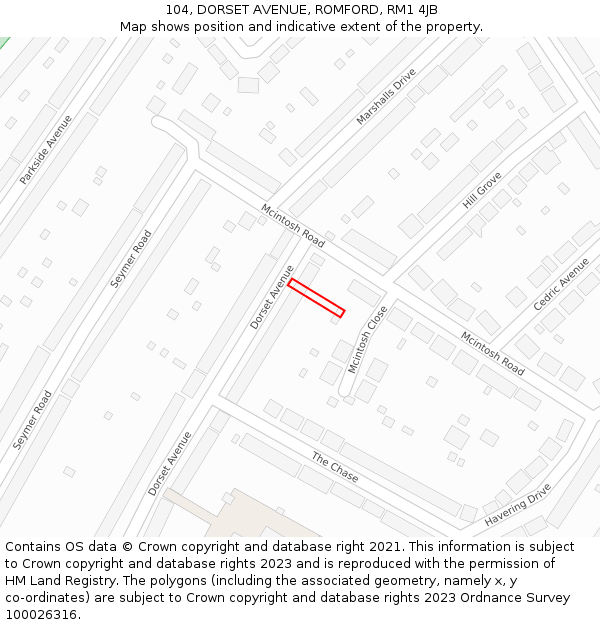 104, DORSET AVENUE, ROMFORD, RM1 4JB: Location map and indicative extent of plot