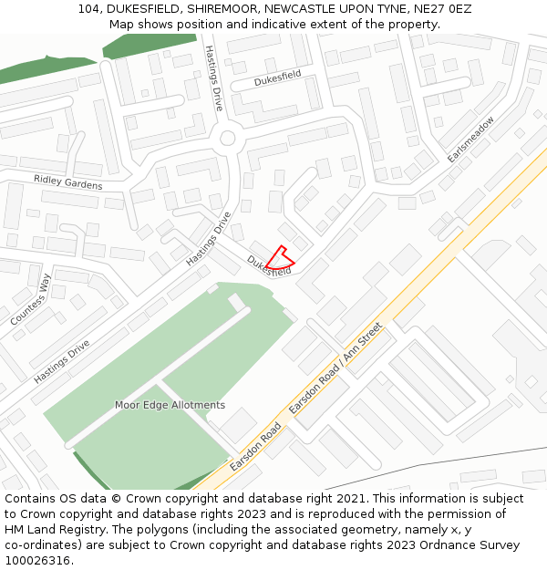 104, DUKESFIELD, SHIREMOOR, NEWCASTLE UPON TYNE, NE27 0EZ: Location map and indicative extent of plot