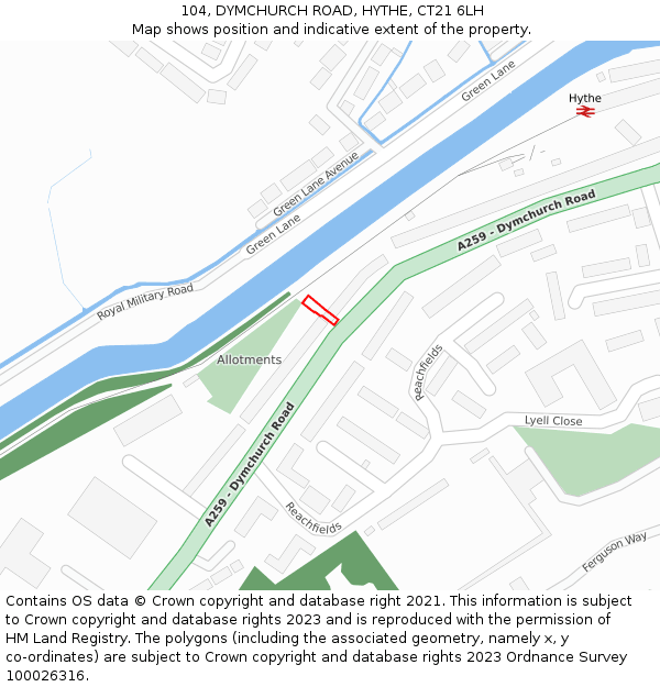 104, DYMCHURCH ROAD, HYTHE, CT21 6LH: Location map and indicative extent of plot