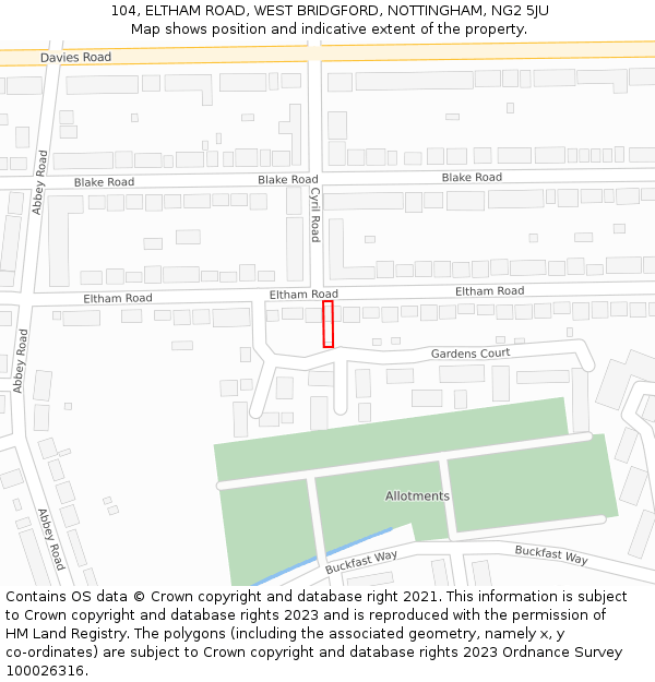 104, ELTHAM ROAD, WEST BRIDGFORD, NOTTINGHAM, NG2 5JU: Location map and indicative extent of plot