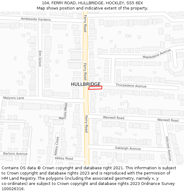 104, FERRY ROAD, HULLBRIDGE, HOCKLEY, SS5 6EX: Location map and indicative extent of plot