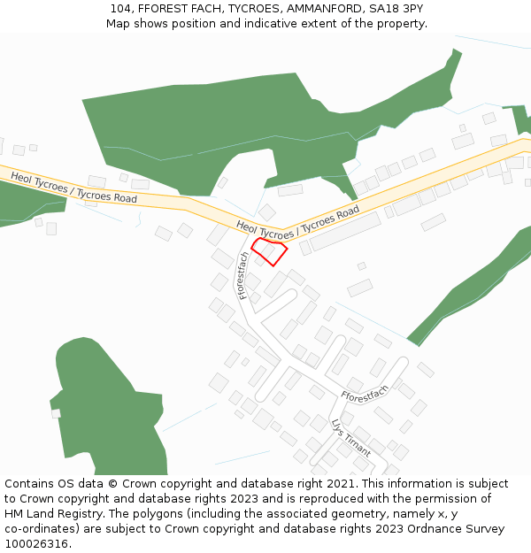 104, FFOREST FACH, TYCROES, AMMANFORD, SA18 3PY: Location map and indicative extent of plot