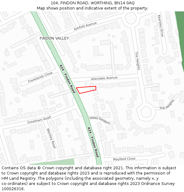 104, FINDON ROAD, WORTHING, BN14 0AQ: Location map and indicative extent of plot