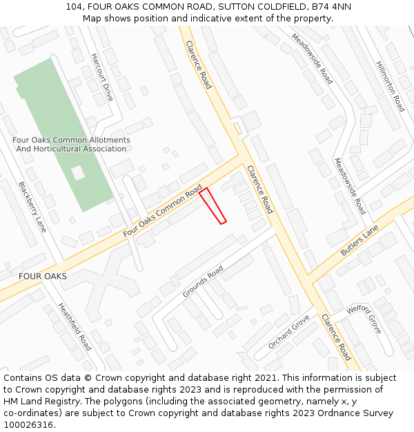 104, FOUR OAKS COMMON ROAD, SUTTON COLDFIELD, B74 4NN: Location map and indicative extent of plot