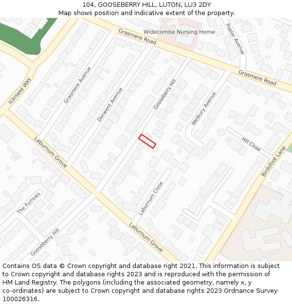 104, GOOSEBERRY HILL, LUTON, LU3 2DY: Location map and indicative extent of plot