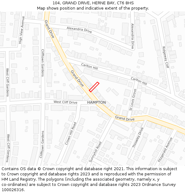 104, GRAND DRIVE, HERNE BAY, CT6 8HS: Location map and indicative extent of plot