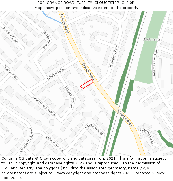 104, GRANGE ROAD, TUFFLEY, GLOUCESTER, GL4 0PL: Location map and indicative extent of plot