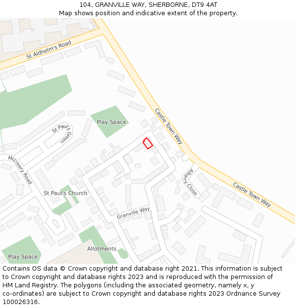 104, GRANVILLE WAY, SHERBORNE, DT9 4AT: Location map and indicative extent of plot