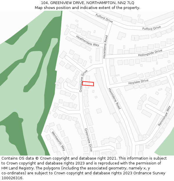 104, GREENVIEW DRIVE, NORTHAMPTON, NN2 7LQ: Location map and indicative extent of plot