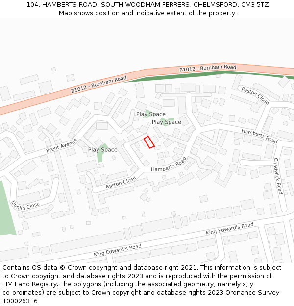 104, HAMBERTS ROAD, SOUTH WOODHAM FERRERS, CHELMSFORD, CM3 5TZ: Location map and indicative extent of plot