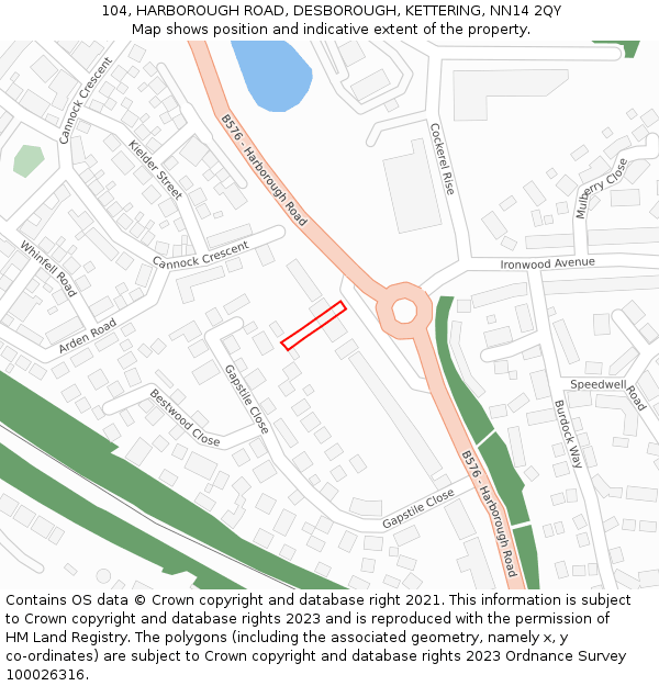 104, HARBOROUGH ROAD, DESBOROUGH, KETTERING, NN14 2QY: Location map and indicative extent of plot