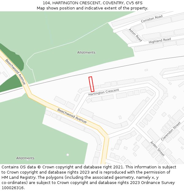 104, HARTINGTON CRESCENT, COVENTRY, CV5 6FS: Location map and indicative extent of plot