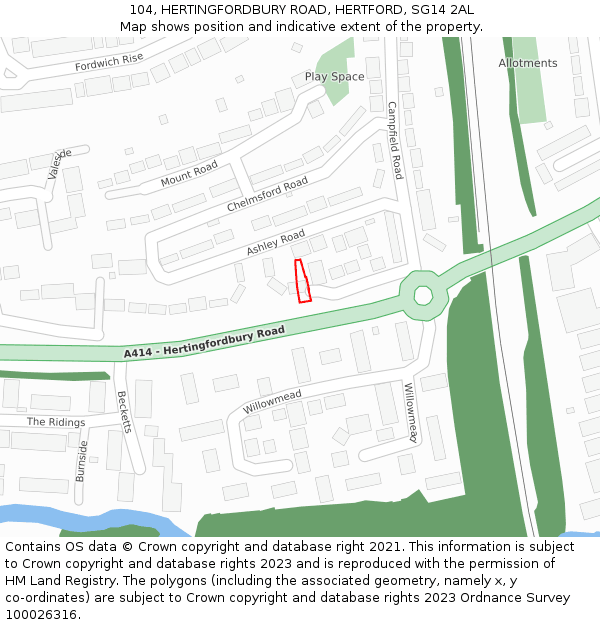 104, HERTINGFORDBURY ROAD, HERTFORD, SG14 2AL: Location map and indicative extent of plot