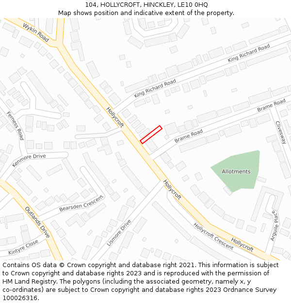 104, HOLLYCROFT, HINCKLEY, LE10 0HQ: Location map and indicative extent of plot