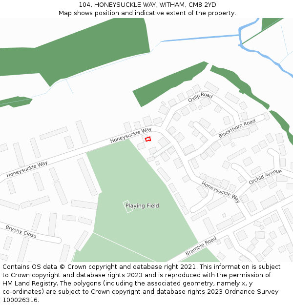 104, HONEYSUCKLE WAY, WITHAM, CM8 2YD: Location map and indicative extent of plot